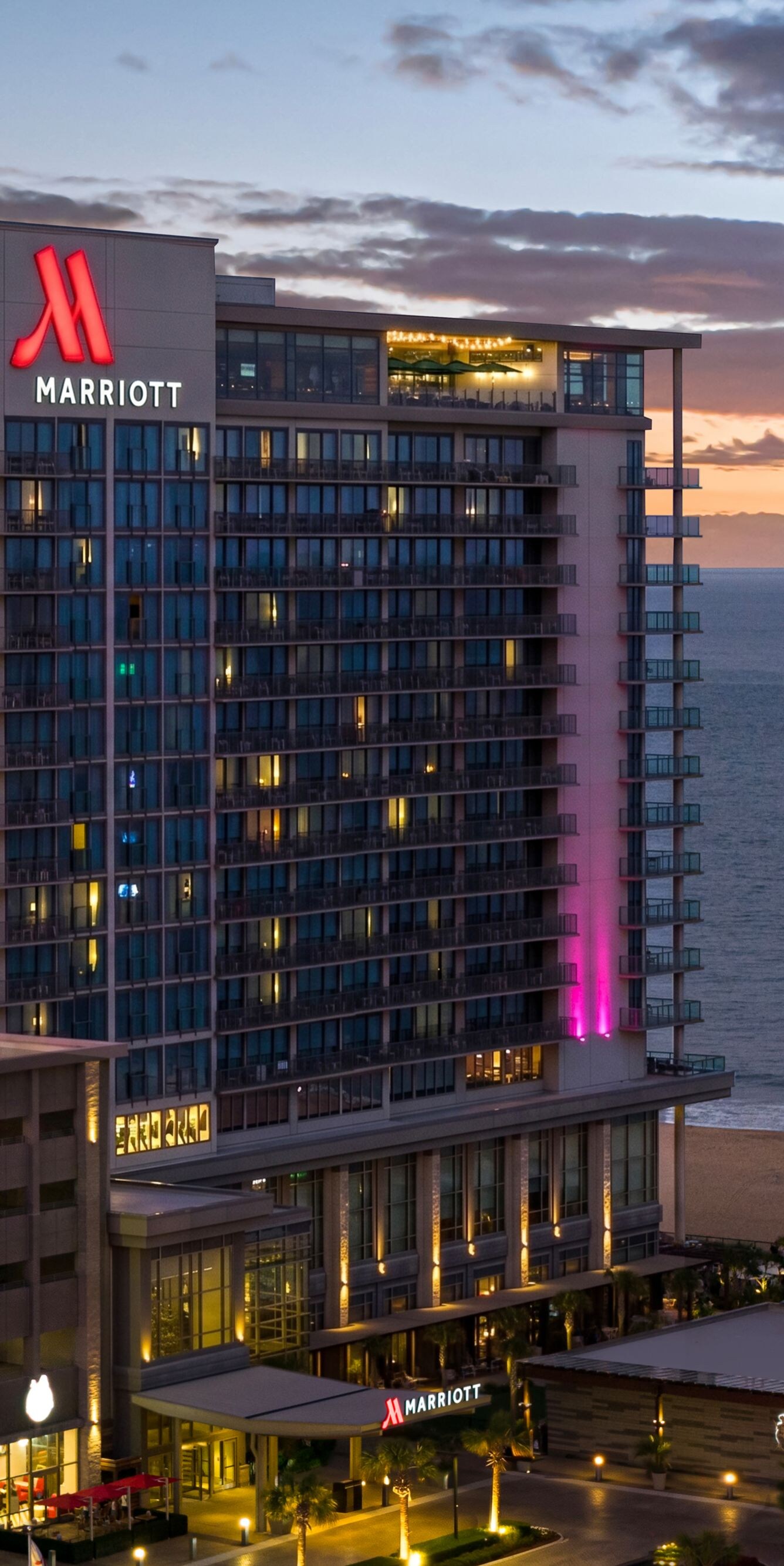Aerial view of hotel exterior in the evening