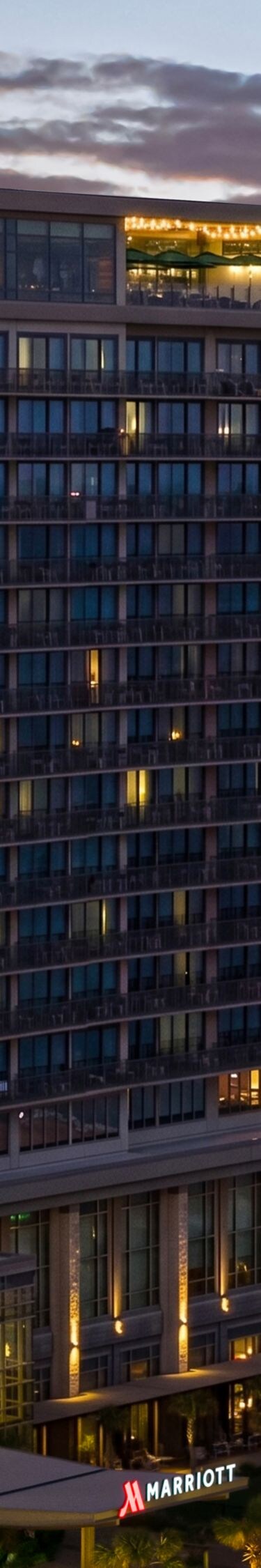 Aerial view of hotel exterior in the evening