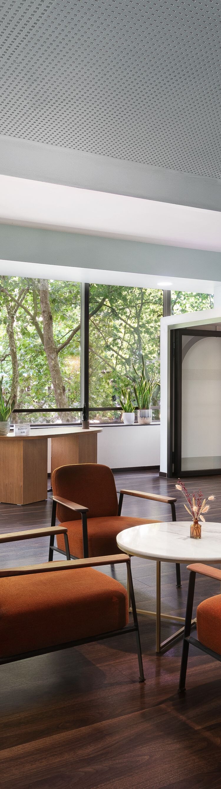 M Club lounge with armchairs tables and windows