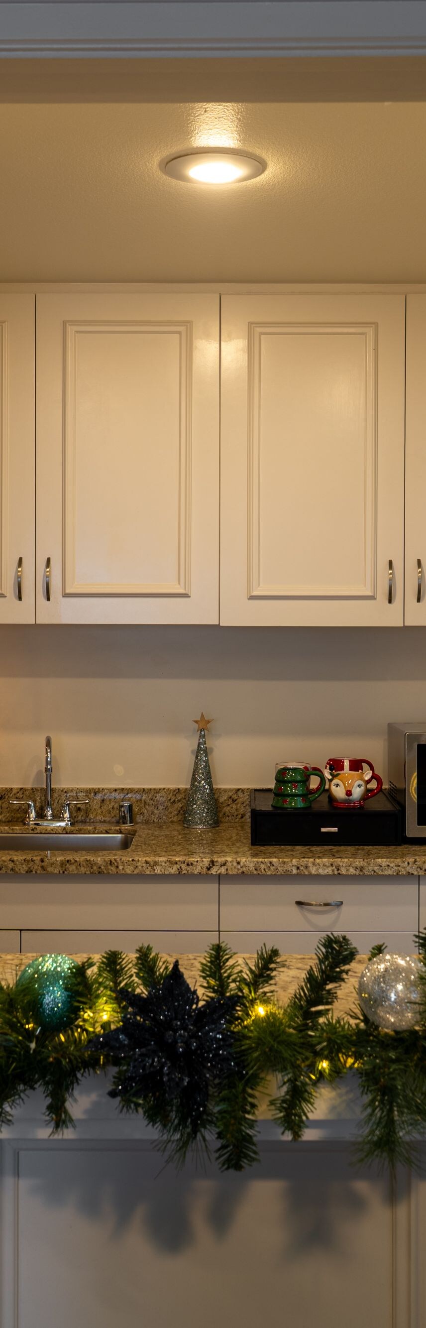kitchen decorated for Christmas