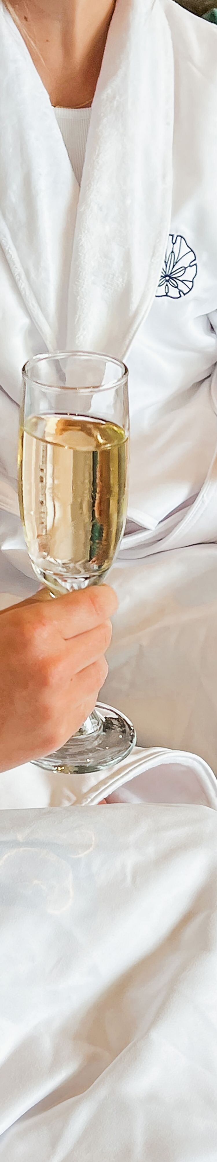 Two ladies in spa robes, drinking champagne