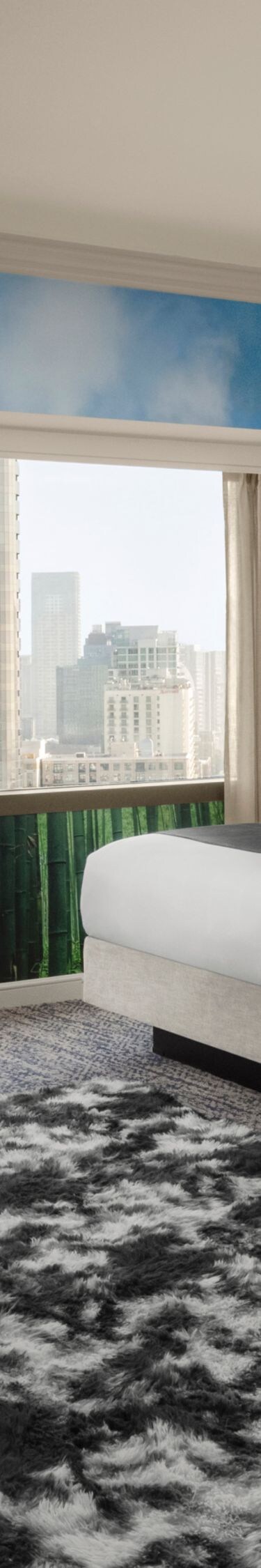 Hotel room with panda decor and two beds