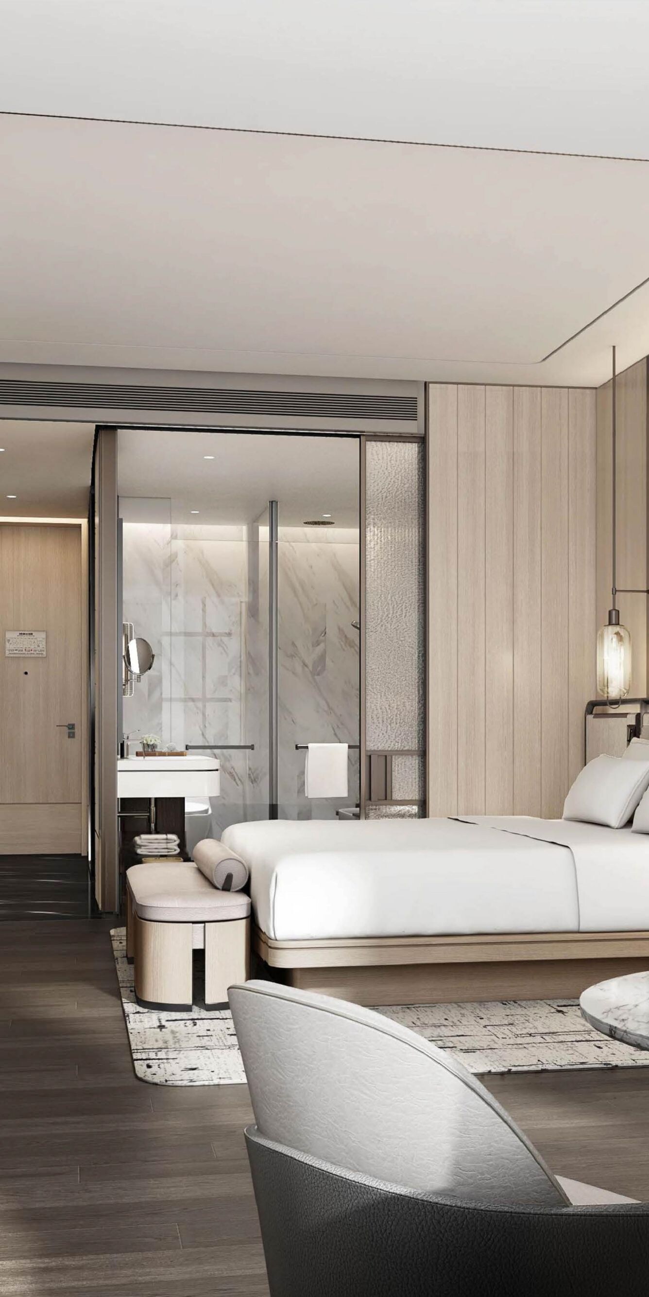 King guest room with marble table and bath