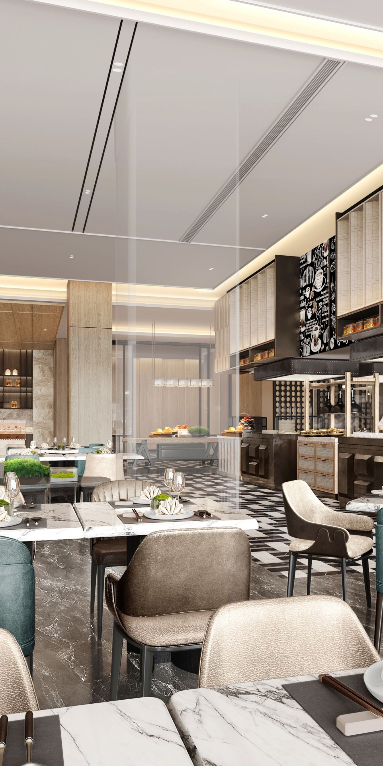 Restaurant with marble tables and seating
