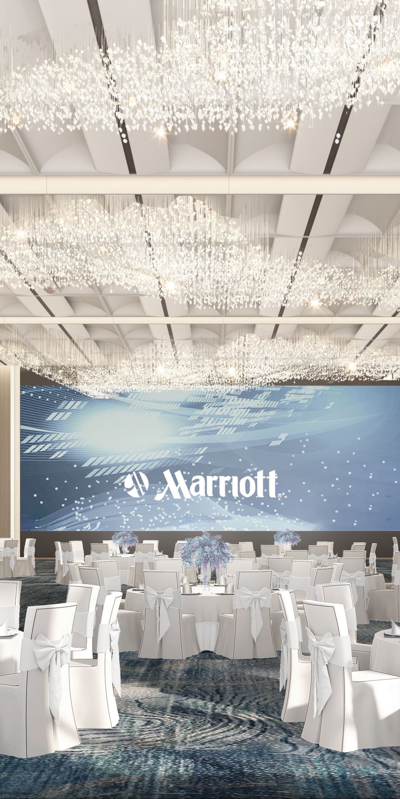 Ballroom with banquet setup and chandeliers