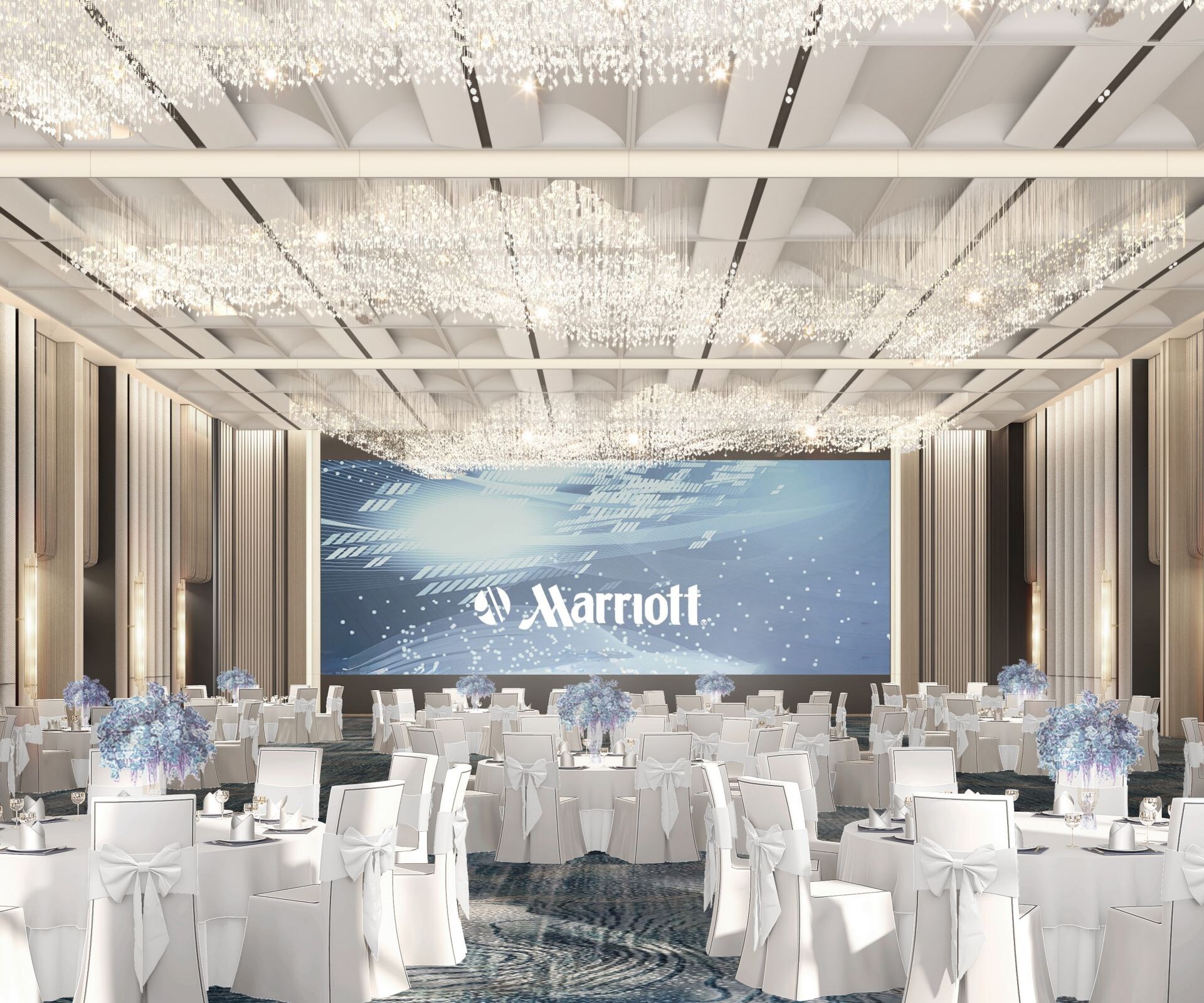 Ballroom with banquet setup and chandeliers