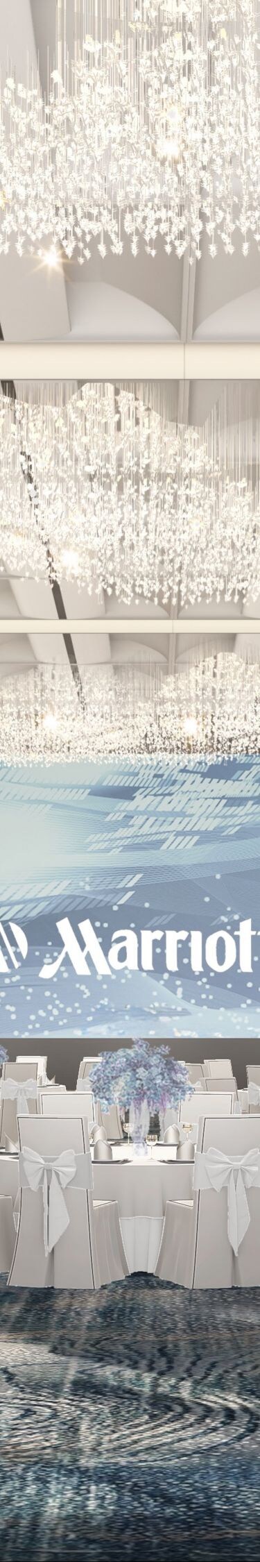 Ballroom with banquet setup and chandeliers
