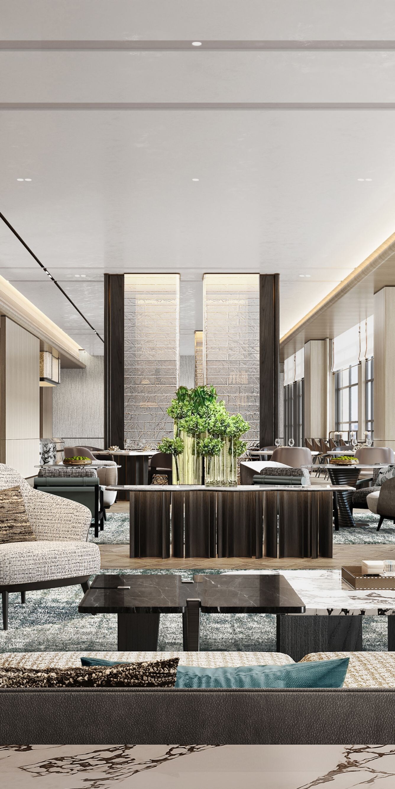 Lobby lounge with modern seating and views