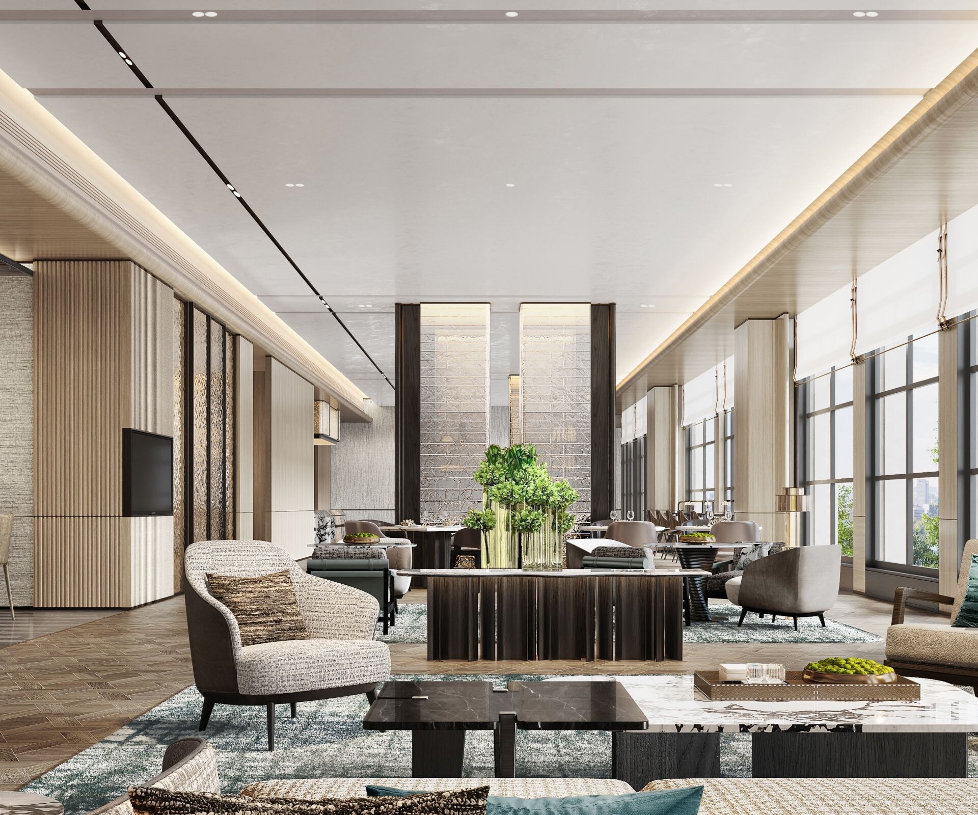Lobby lounge with modern seating and views
