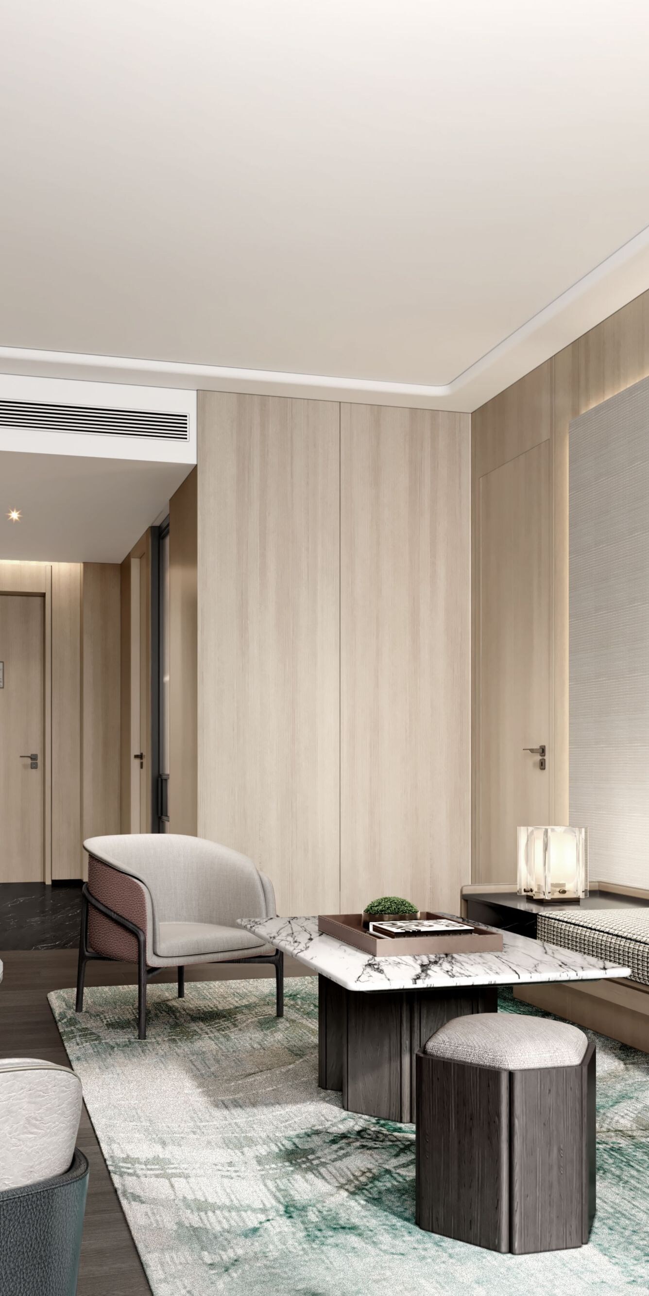 Suite living area with marble table