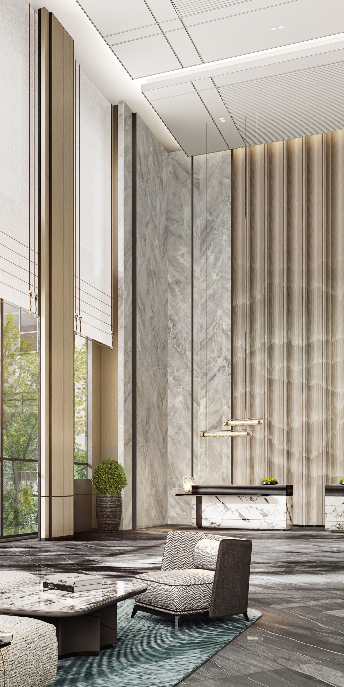 Lobby with marble walls and seating area
