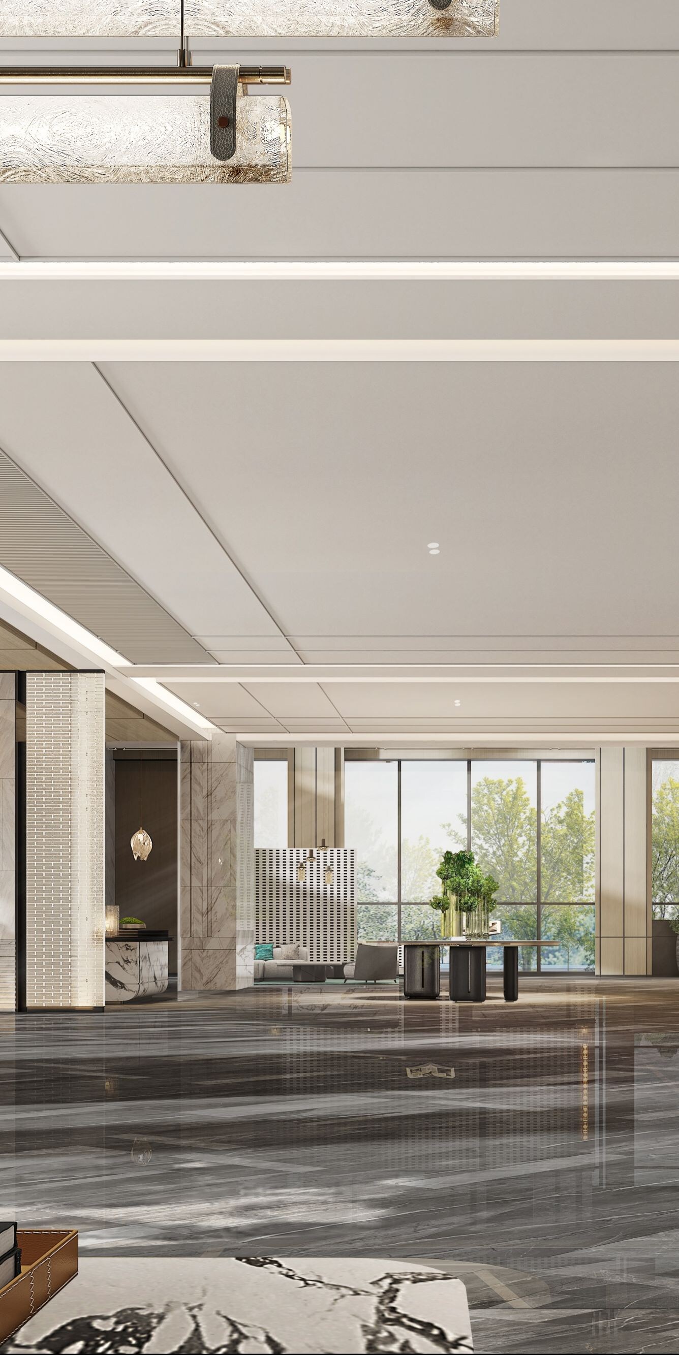 Spacious lobby with marble floors and art