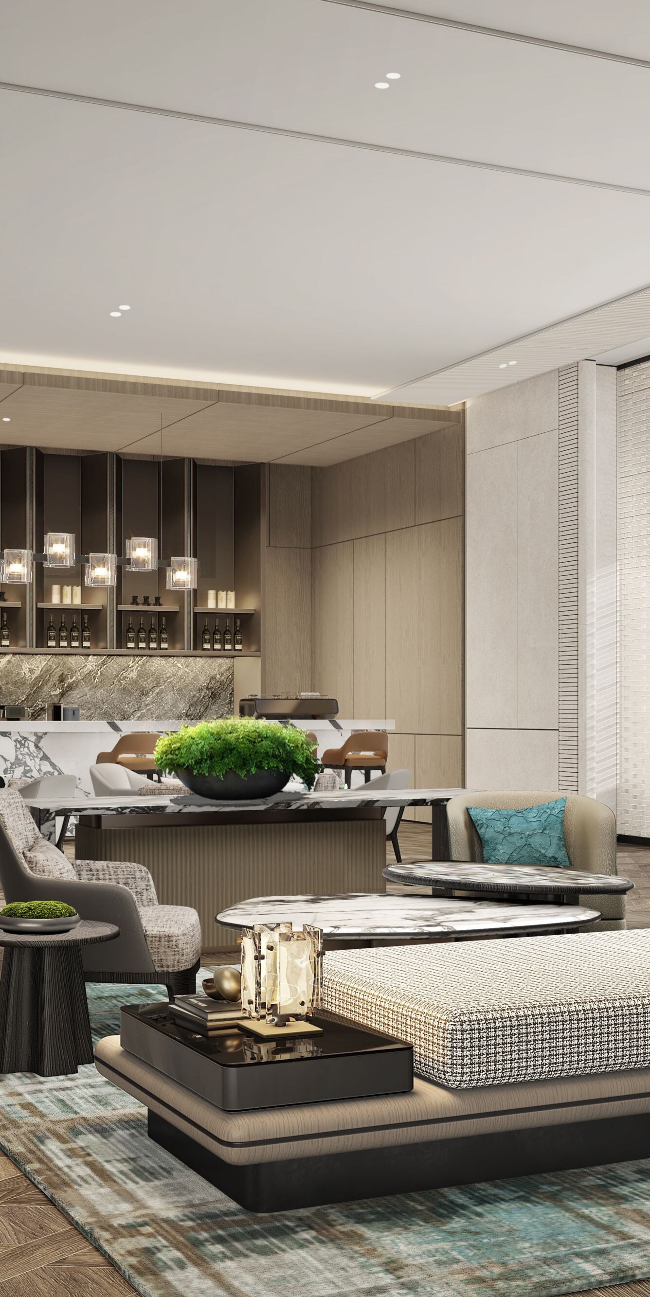 Modern lounge with marble bar and seating