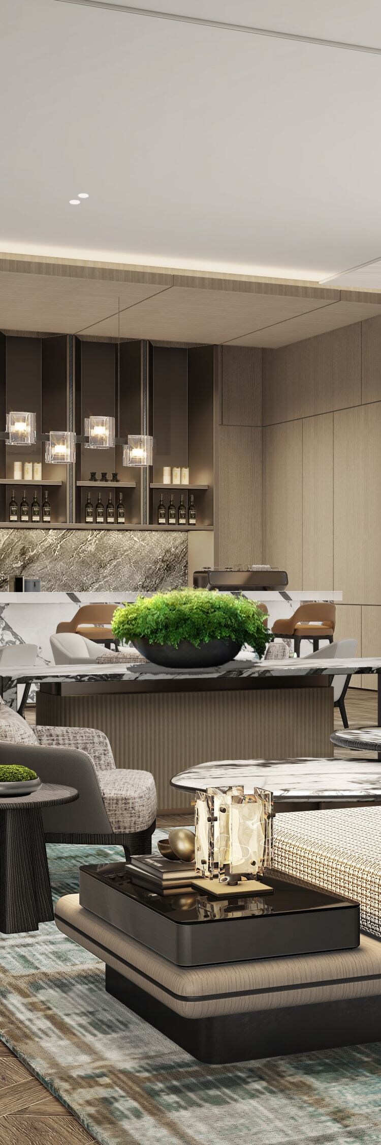 Modern lounge with marble bar and seating