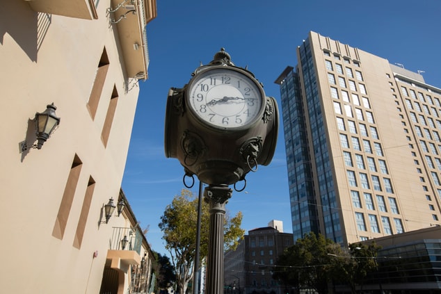 clock outside of Civic Center building