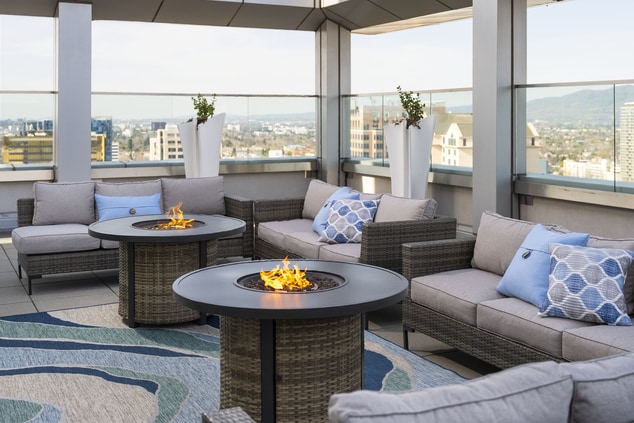 fully furnished rooftop patio, firepits