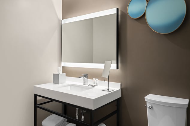 vanity with sink, mirror, and toilet 