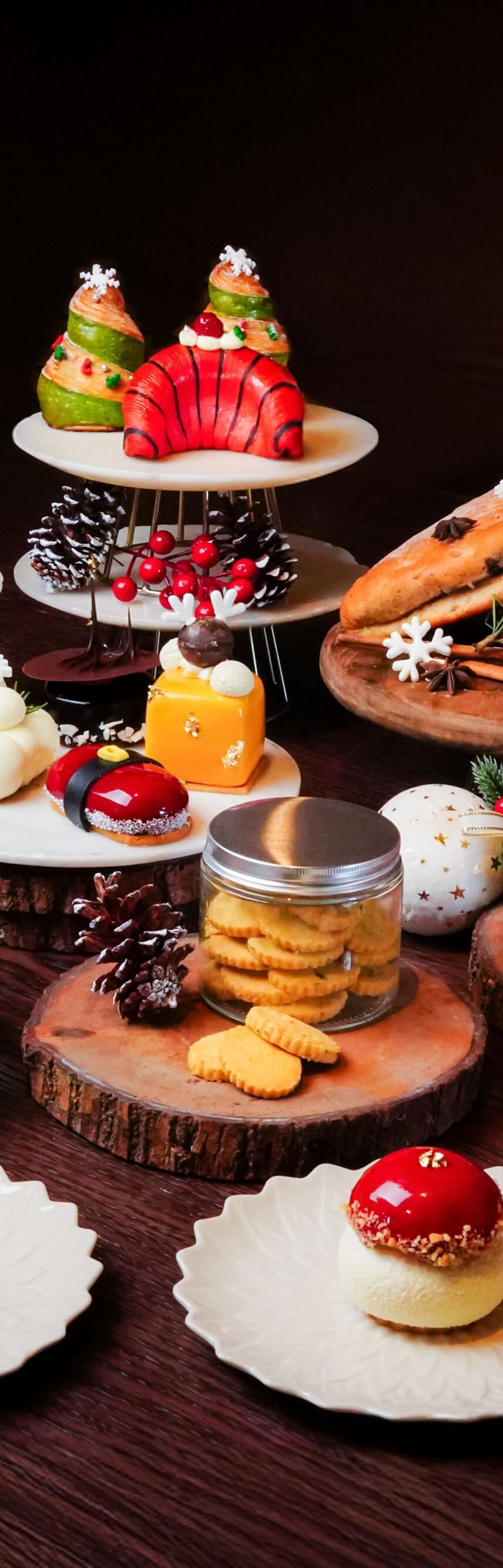 Tiered Christmas pastries and petit fours display