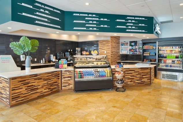 Grab-and-go bistro with snacks and beverages.