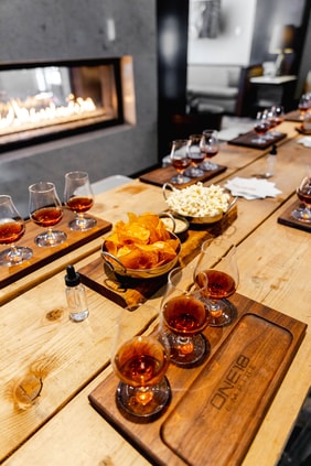Whiskey Tasting setup with chips and popcorn