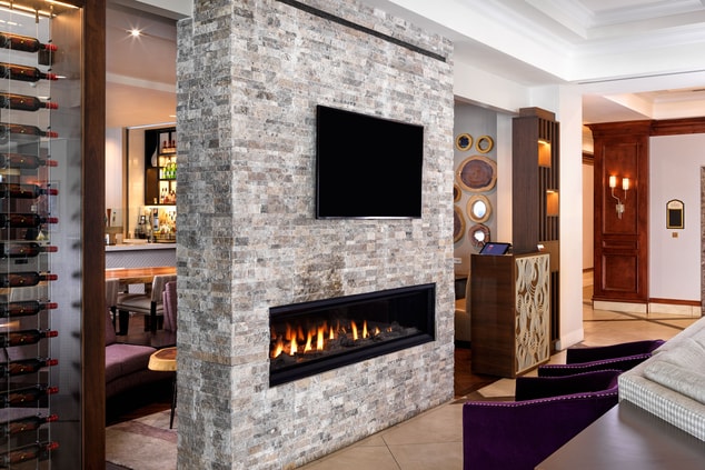Stone fireplace in lobby