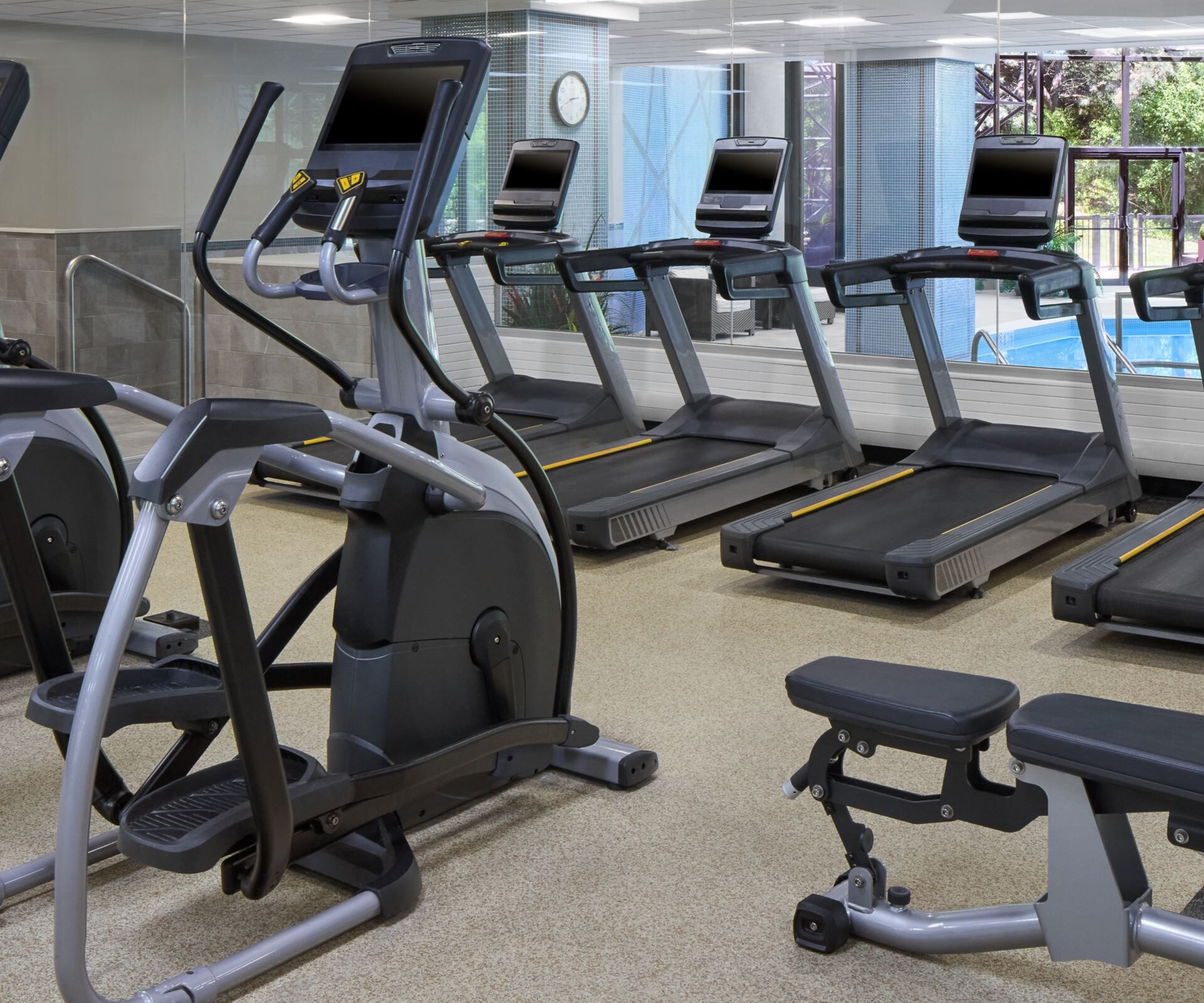 Fitness Center weight bench and cardio machines