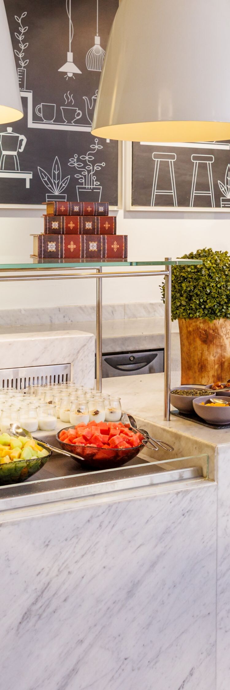 breakfast items on display on a buffet