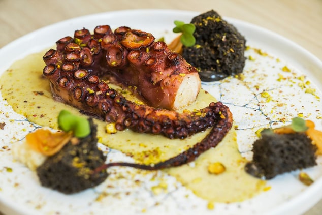 Twice-cooked octopus, with pistachio parmentier