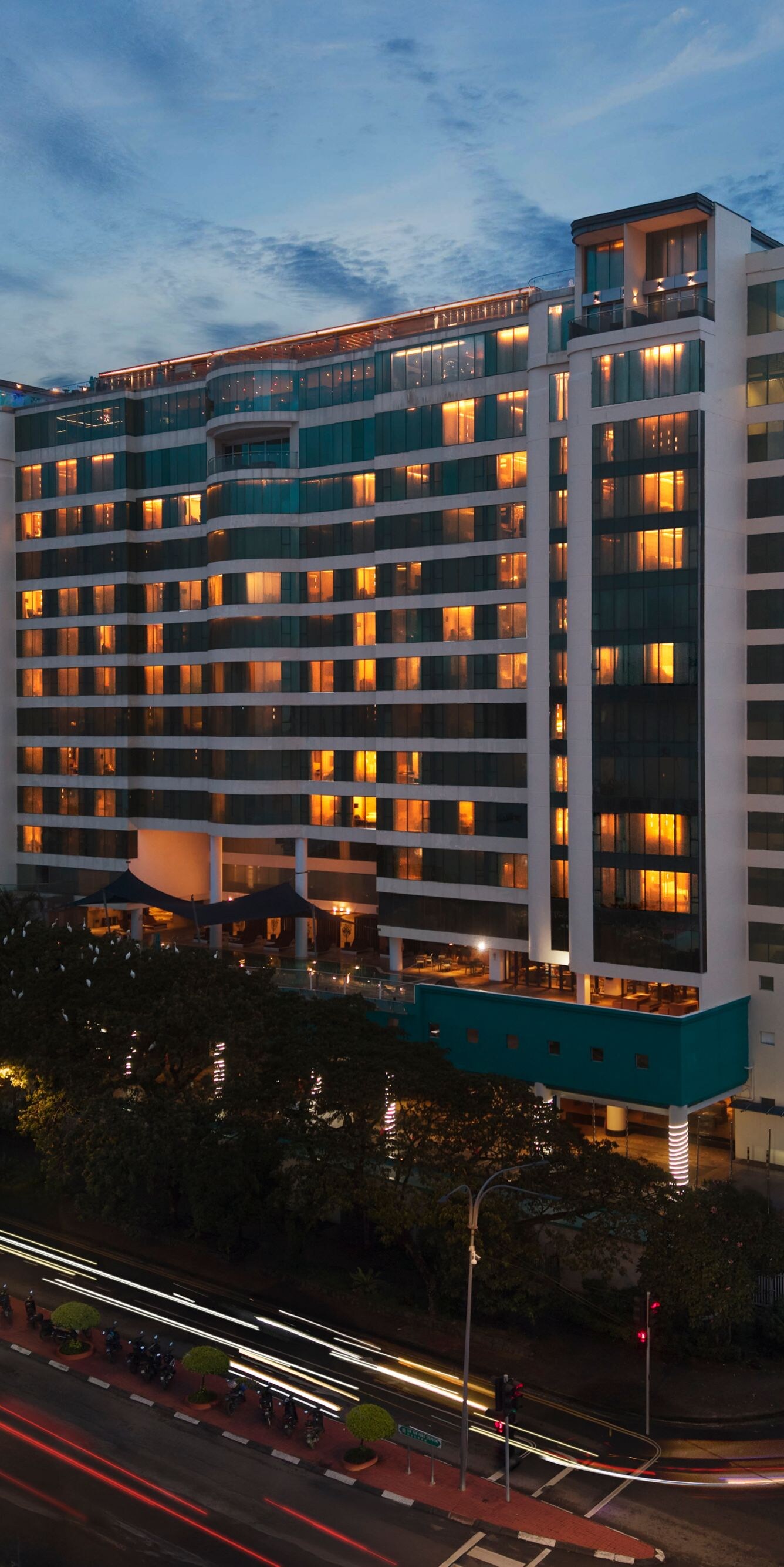 Exterior view of building at twilight