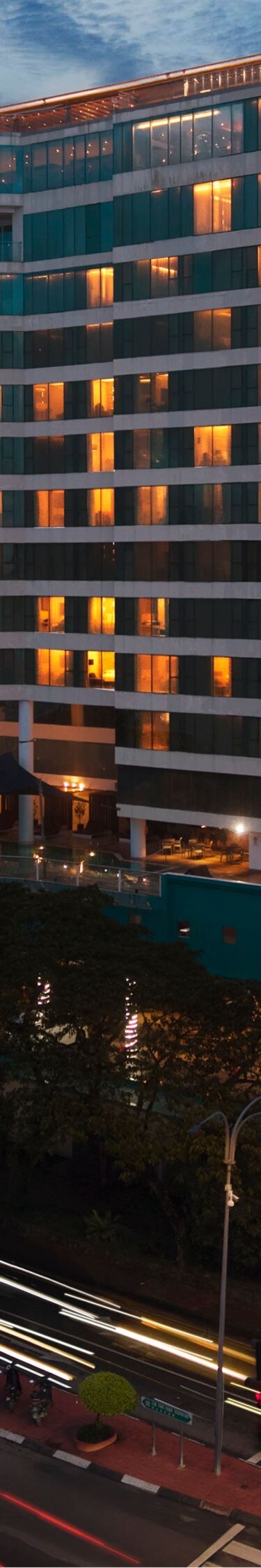 Exterior view of building at twilight