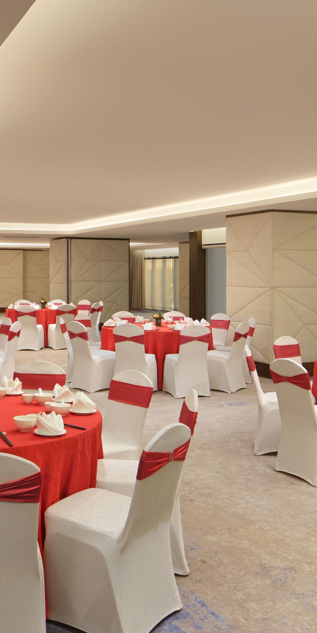 Ballroom with banquet setup and sea view