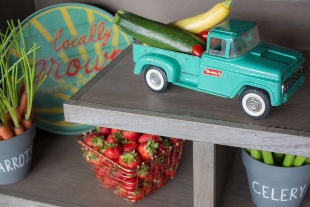Trinkets-- Toy truck, strawberries, celery