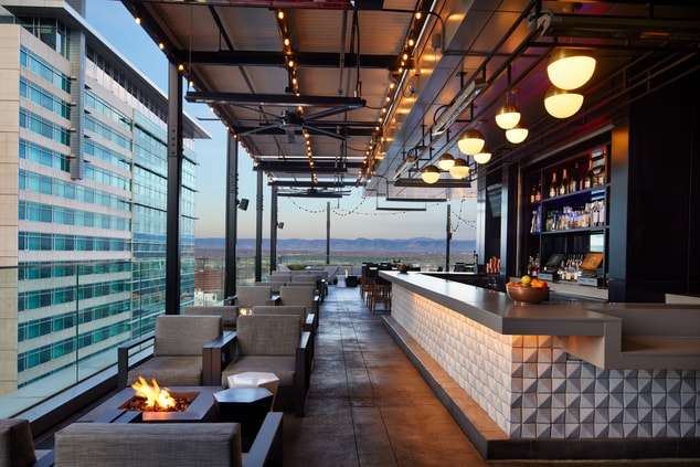 rooftop seating and bar mountain views