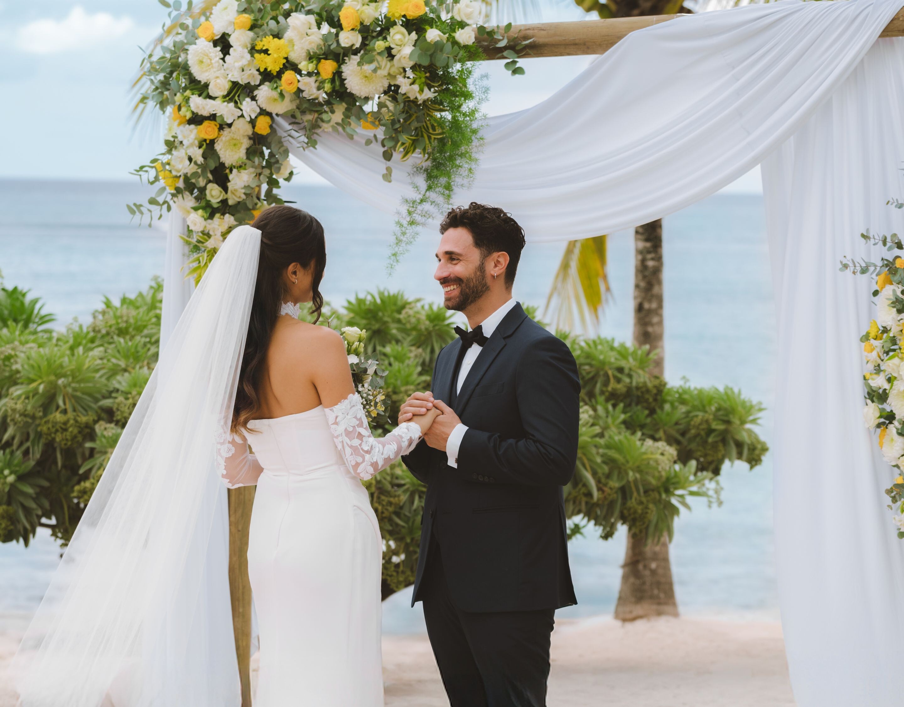 Wedding vows, couple, ceremony,  tropical flowers
