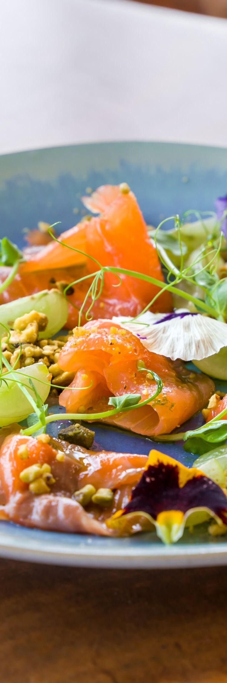 Marinated salmon sashimi, grapes.