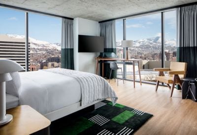 Mountain views in guest room at SLC hotel