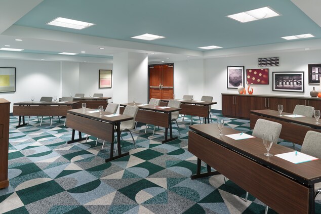 Meeting room with wood tables, chairs