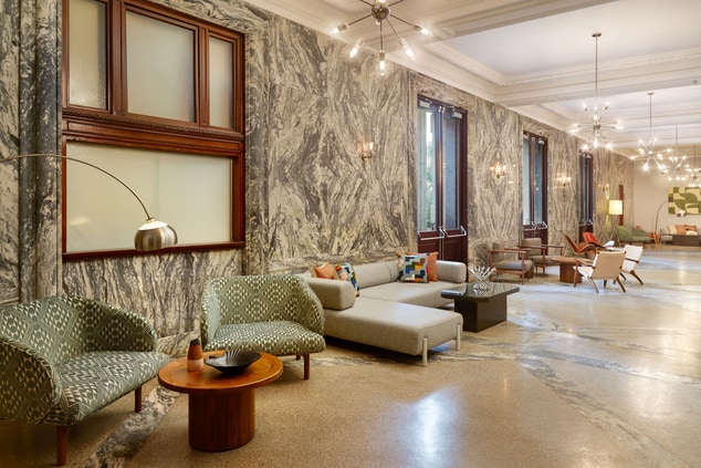 Elegant lobby with chaise lounge, chairs