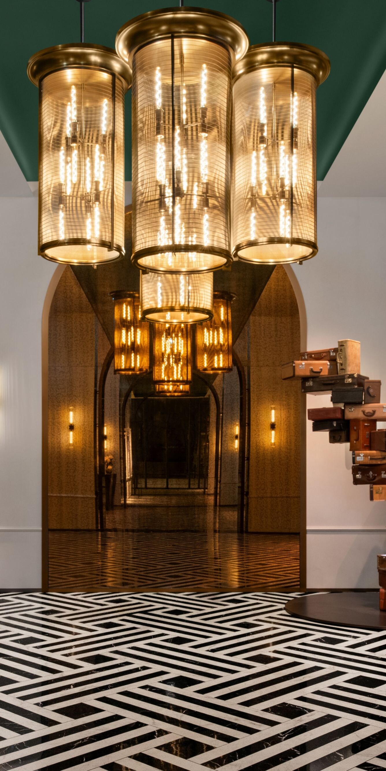 Art sculptures and lighting on patterned floor