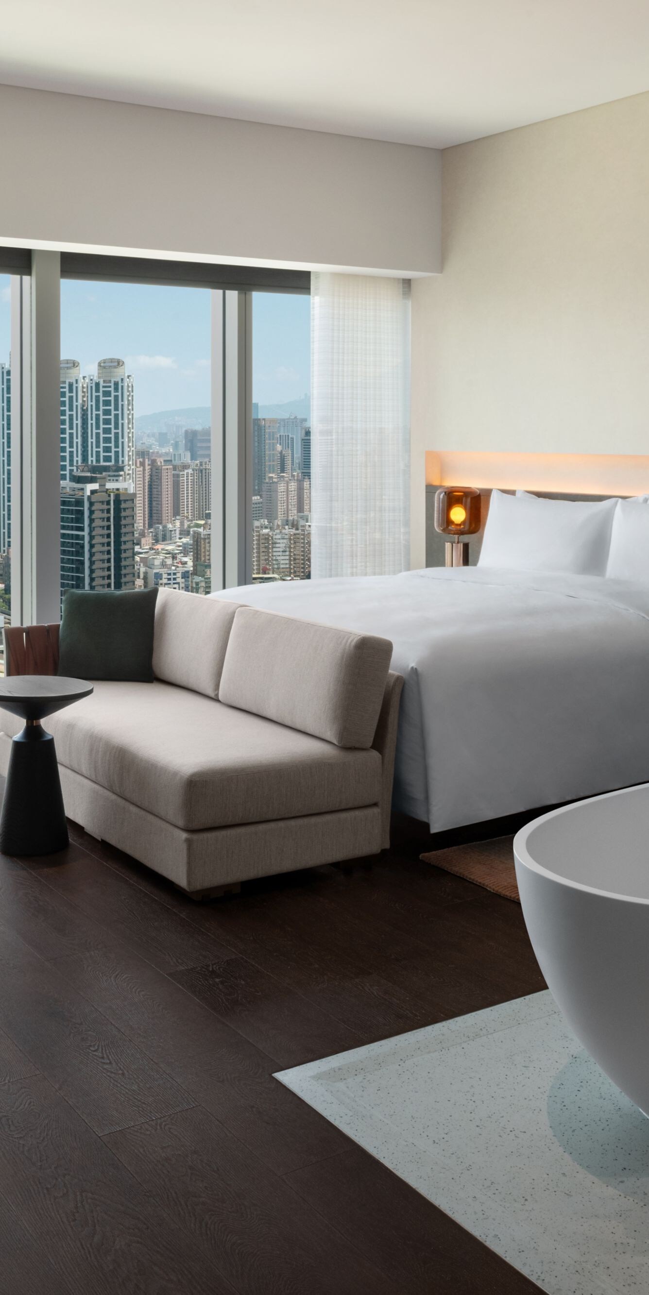 city view, king bed, desk, sofa
