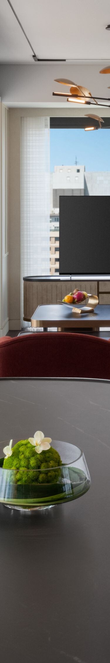 TV, dining table, sofa, open city views