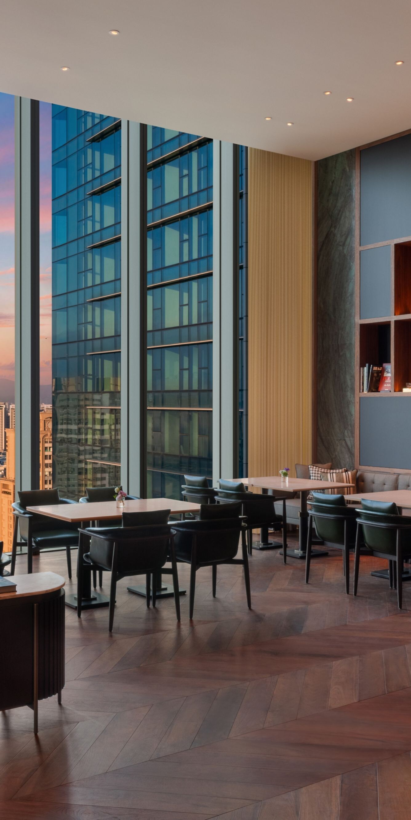 Executive Lounge, various seating, sunset view