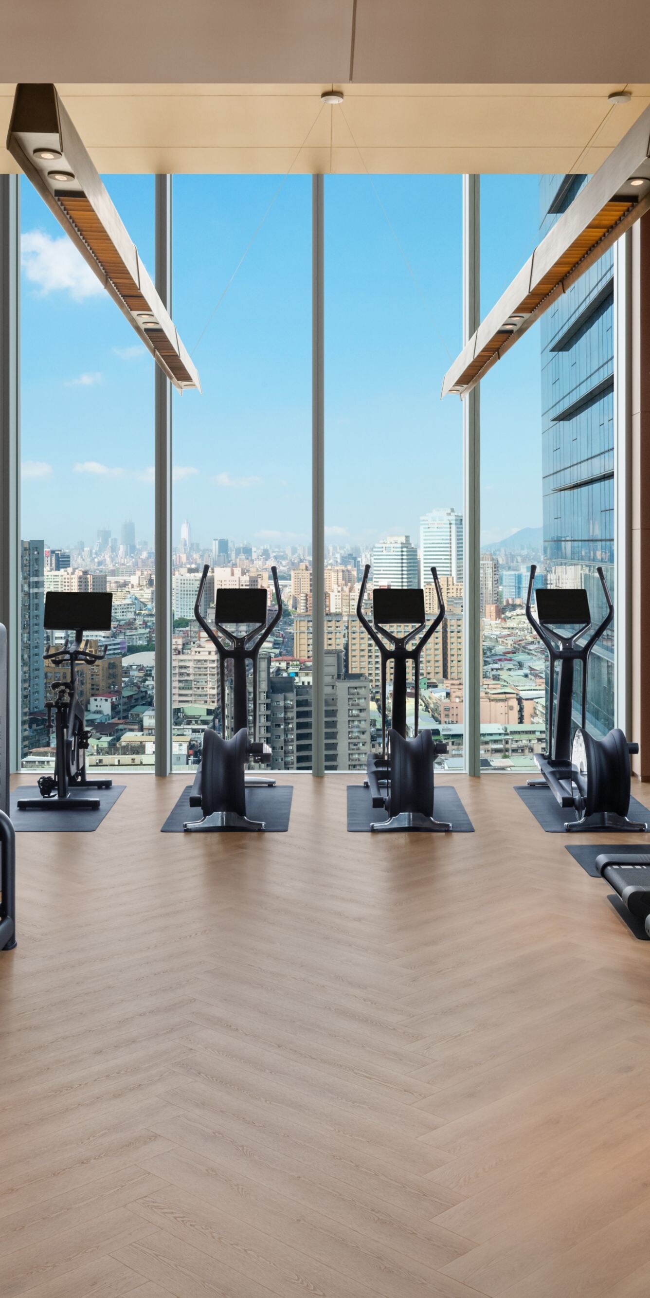 Gym with city view