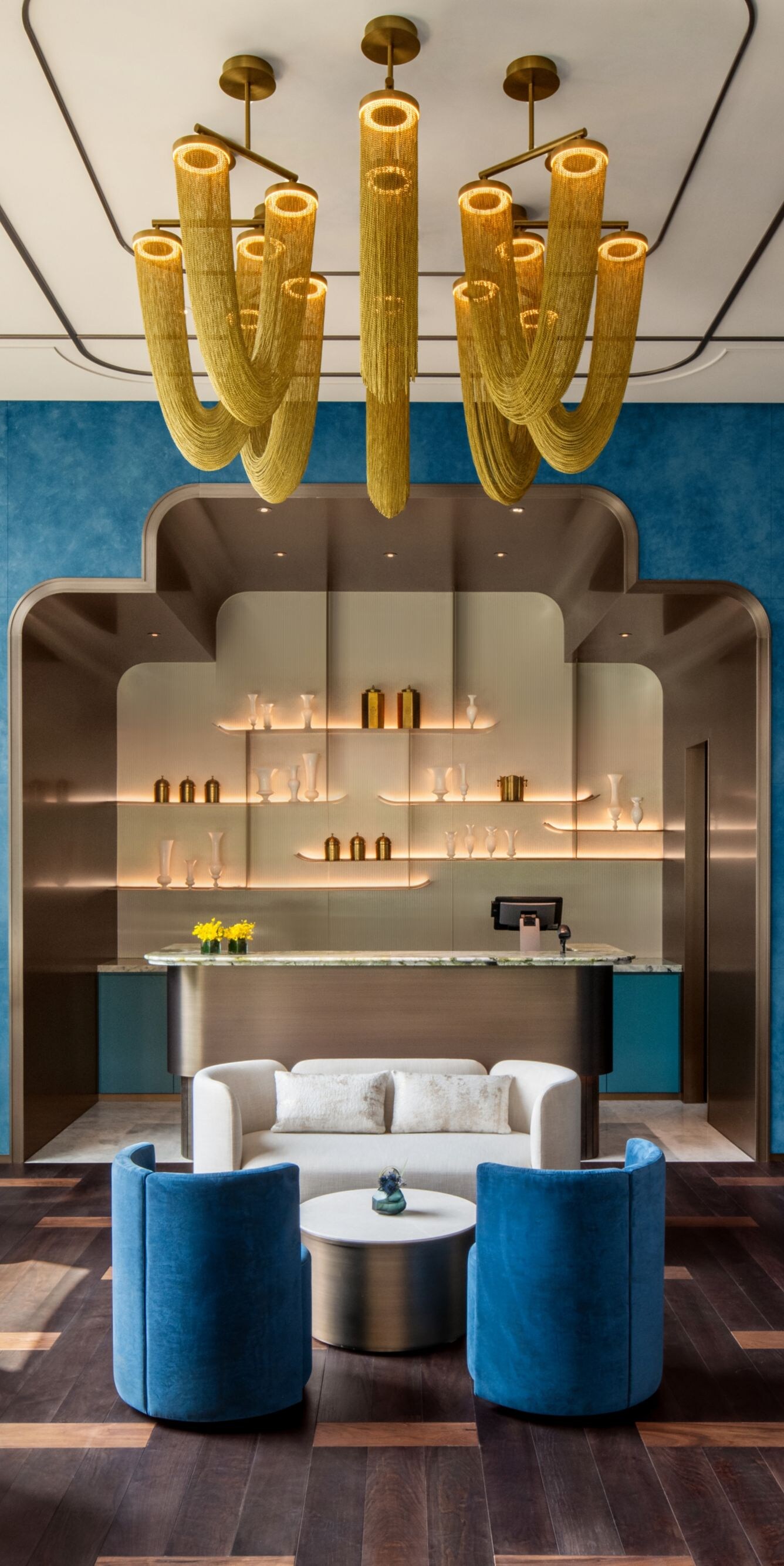 contemporary blue lounge space, tables