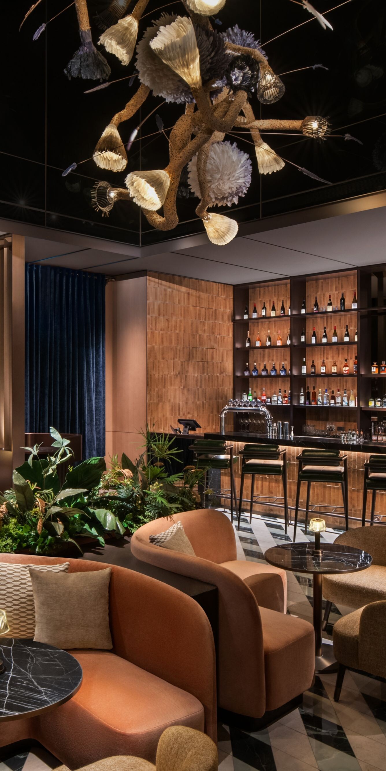 dark contemporary bar, lounge space with seating