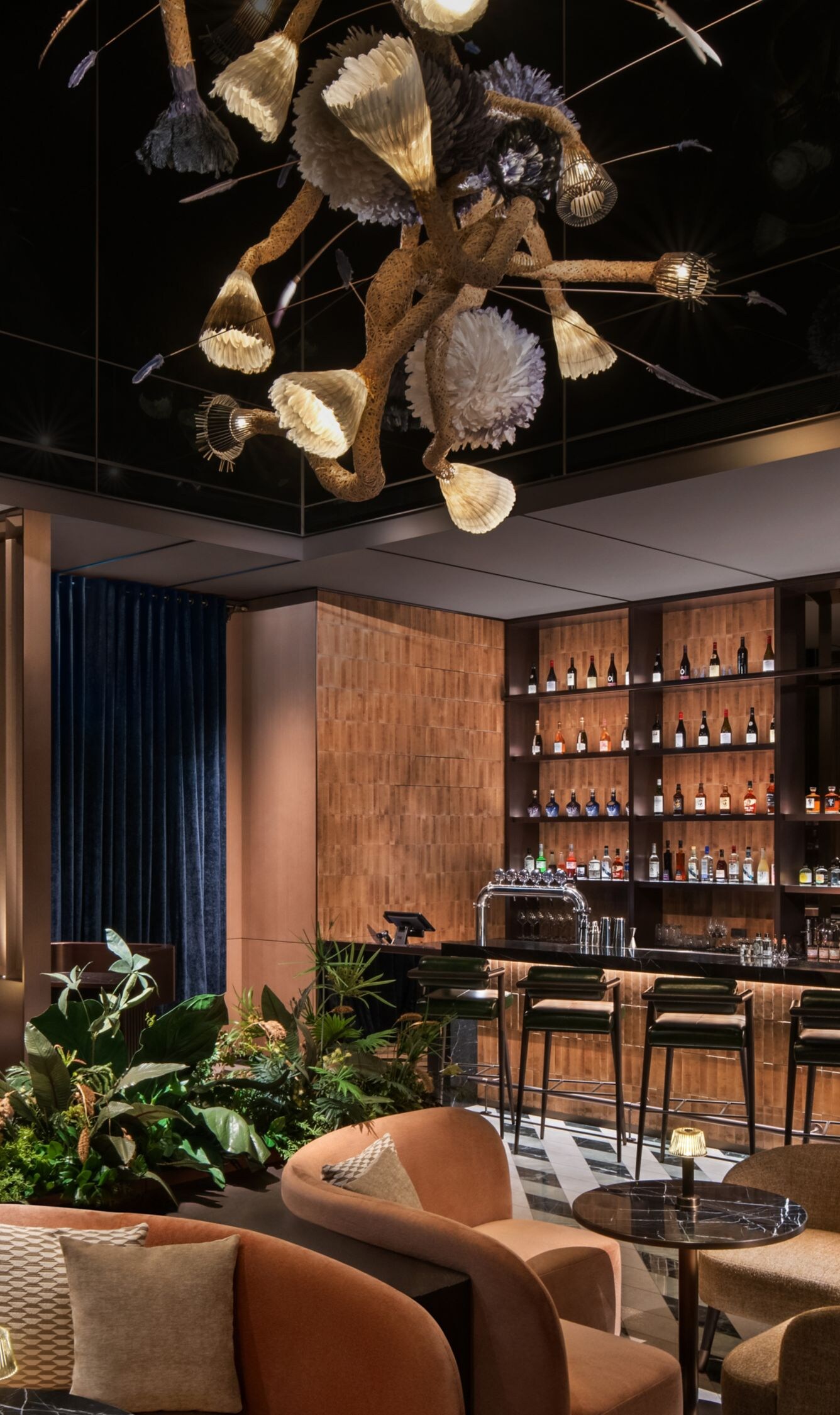 dark contemporary bar, lounge space with seating