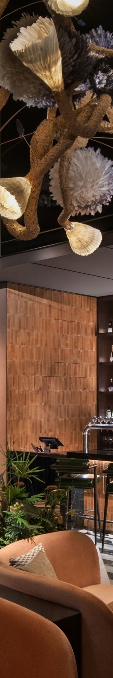dark contemporary bar, lounge space with seating