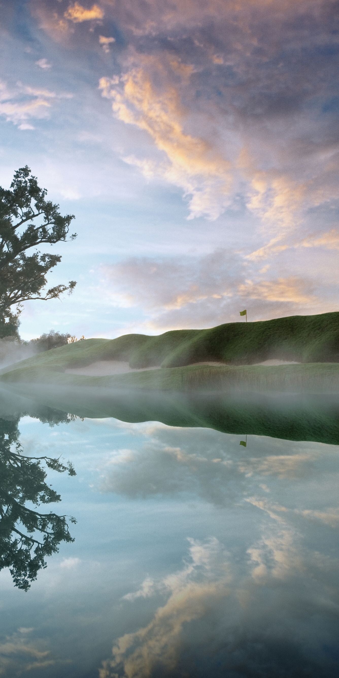 Trees, fog, water, sandtrap, clubhouse.