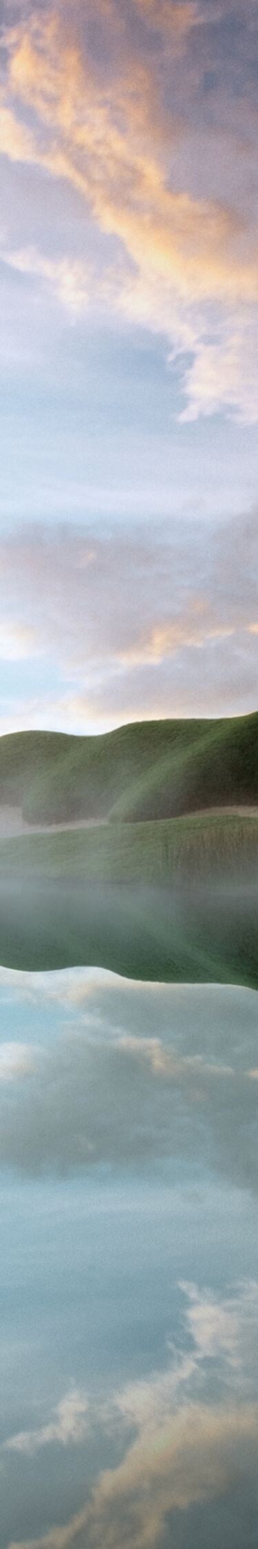 Trees, fog, water, sandtrap, clubhouse.