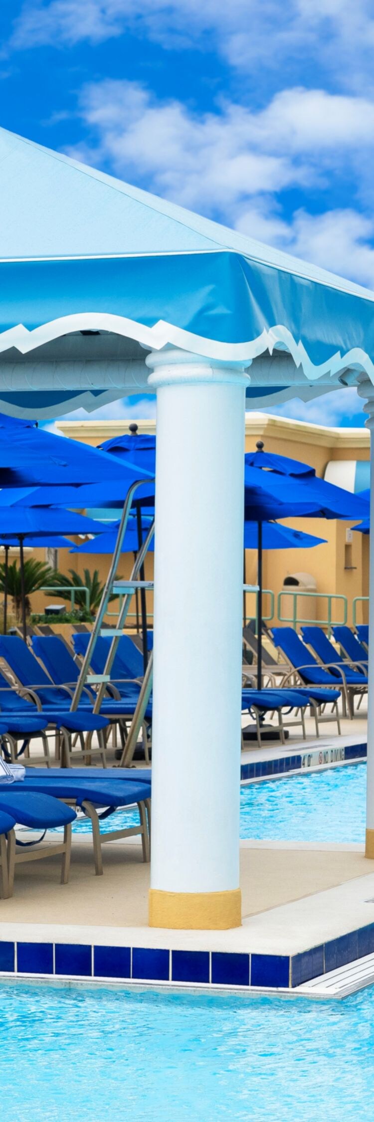 Pool loungers under canopy next to pool.
